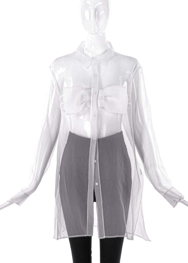 Christopher Kane White Oversized Sheer Button- Up Shirt Blouse with Bow - BOUTIQUE PURCHASE PRICE