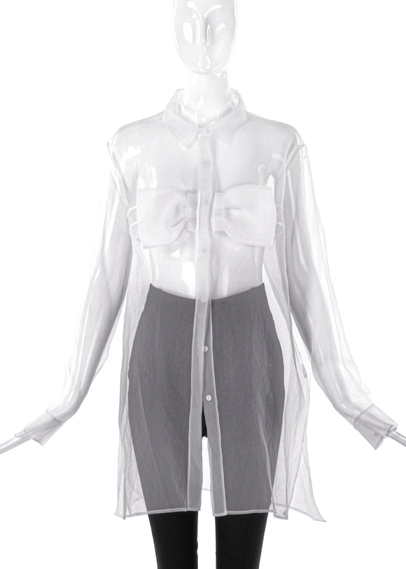 Christopher Kane White Oversized Sheer Button- Up Shirt Blouse with Bow - BOUTIQUE PURCHASE PRICE