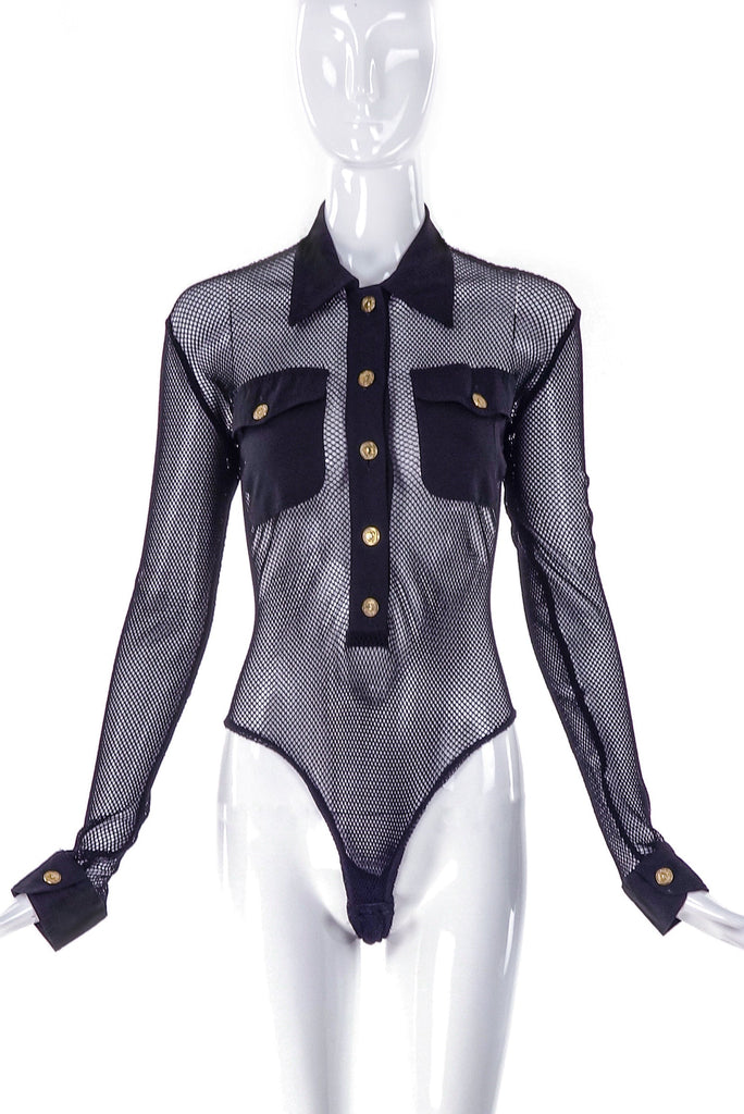Moschino Vintage 80's Fishnet Gold Button Bodysuit Versace Style