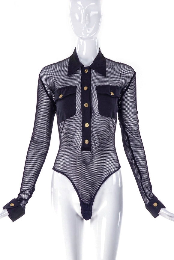 Moschino Vintage 80's Fishnet Gold Button Bodysuit Versace Style