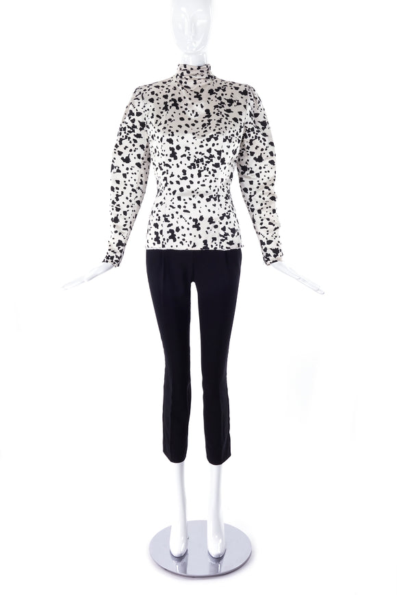 Pauline Trigère Black and White Satin Fitted Blouse - BOUTIQUE PURCHASE PRICE