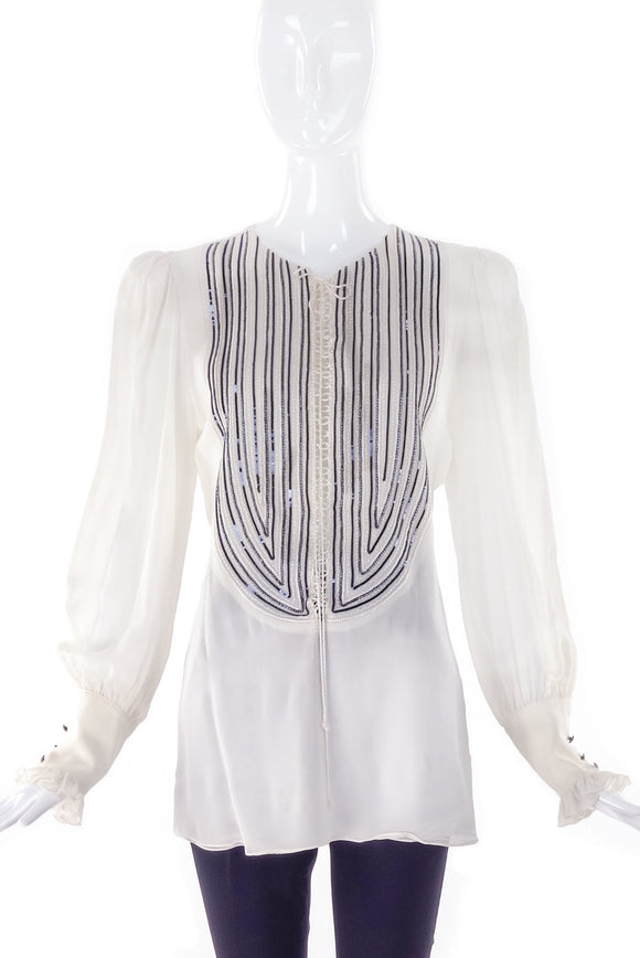 Redemption White Silk Tie Up Blouse with Blue Sequins & Beading and Puff Sleeves