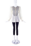 Redemption White Silk Tie Up Blouse with Blue Sequins & Beading and Puff Sleeves