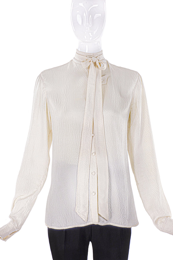 Balenciaga Ivory Wrinkle Silk Button-Up Bow Blouse