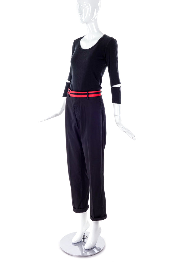 Helmut Lang Red Stripe Pant and Black Cut-Out T-Shirt SS1997