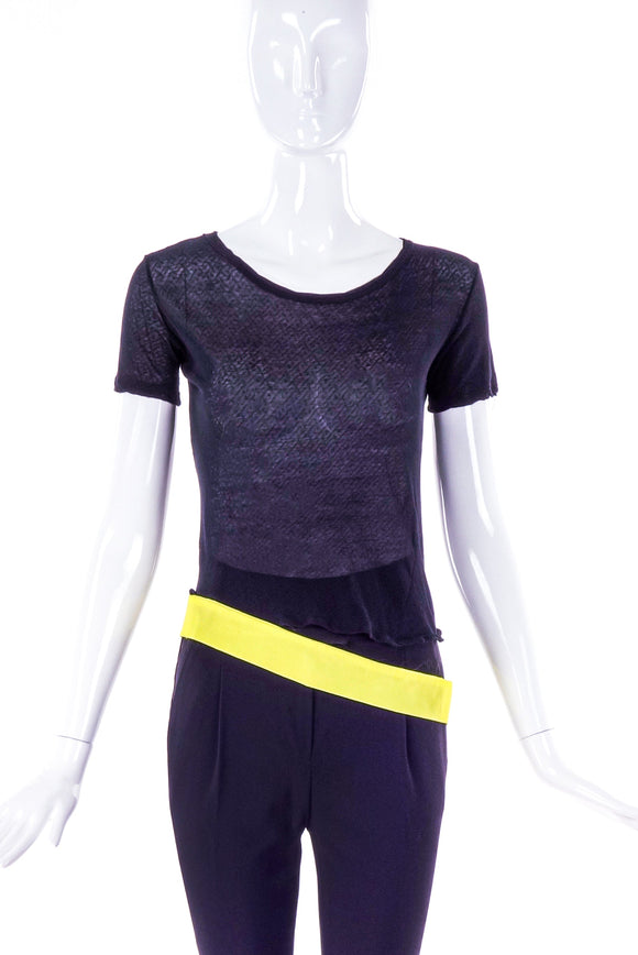 Helmut Lang Black Sheer T-Shirt with Neon Yellow Nylon Waistband SS1997