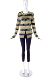 Junya Watanabe Gold Lurex and Tie-dye Green Stripe Cardigan with Antique Gold Safety Pin Details