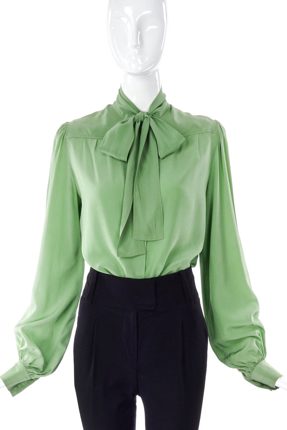 Givenchy Nouvelle Pistachio Green Silk Bow Blouse