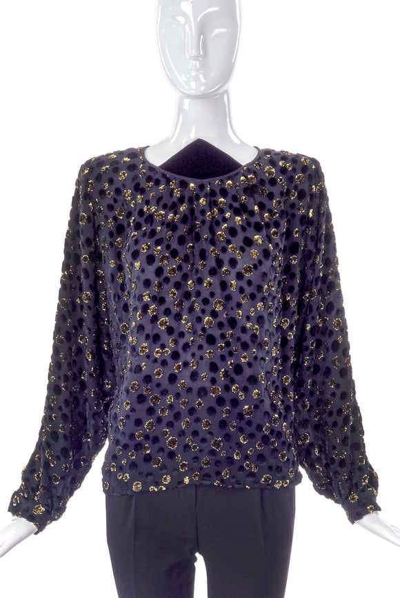 Valentino Chiffon with Gold Lurex and Black Velvet Polka Dot Blouse - BOUTIQUE PURCHASE PRICE