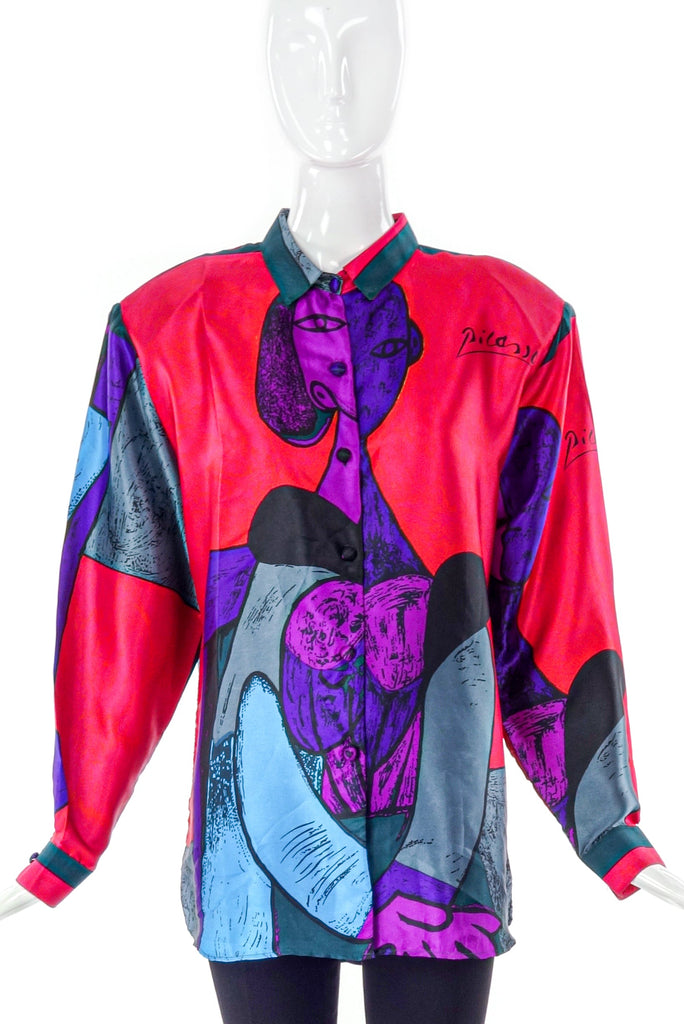 Picasso Silk Print Button-Up Blouse
