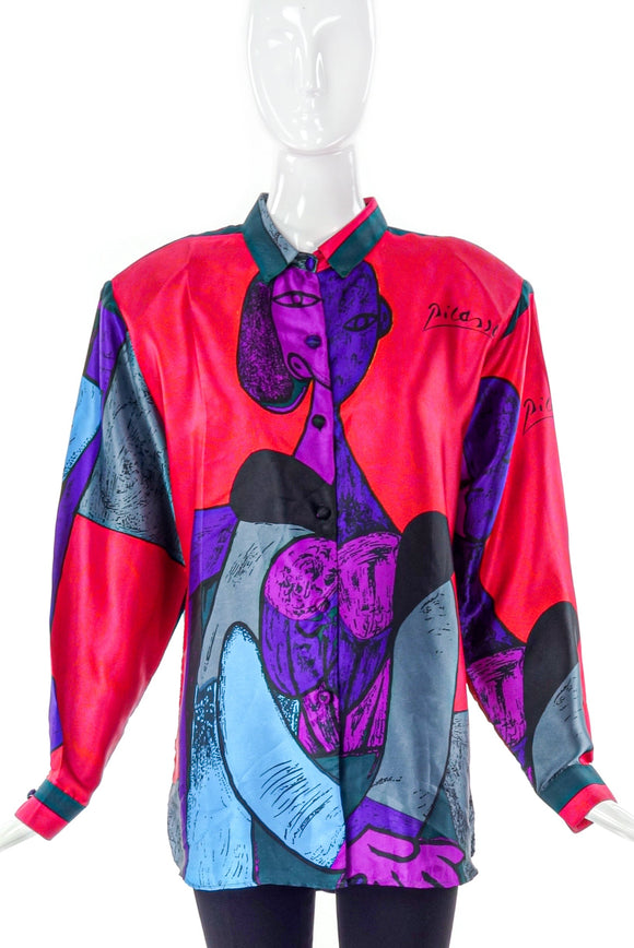 Picasso Silk Print Button-Up Blouse