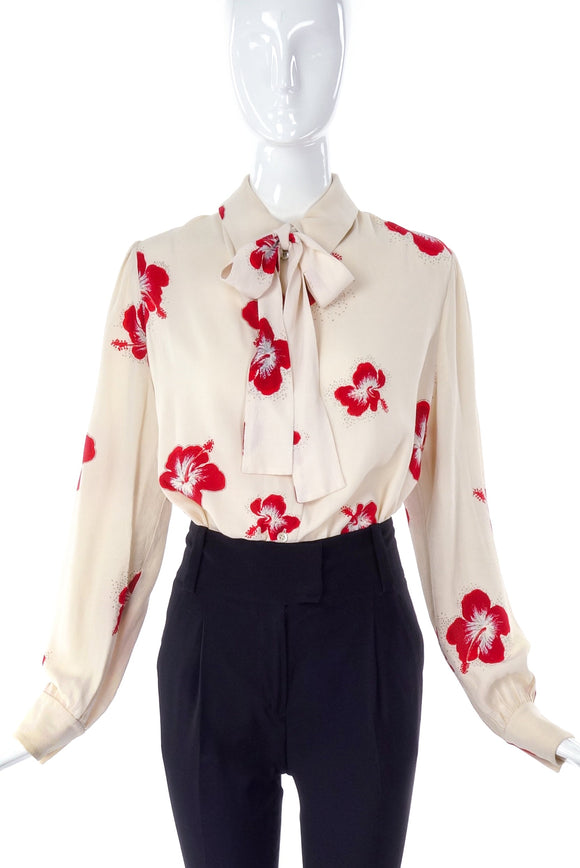 Saint Laurent Cream Bow Blouse with a Sparkling Hibiscus 