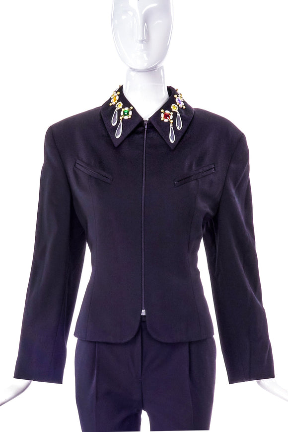 Byblos Black Wool Zip-Up Jacket with Costume Jewel Details on Collar
