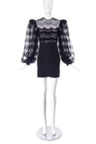 Galanos Black Evening Mini Dress with Lace Sleeves and Bead Details