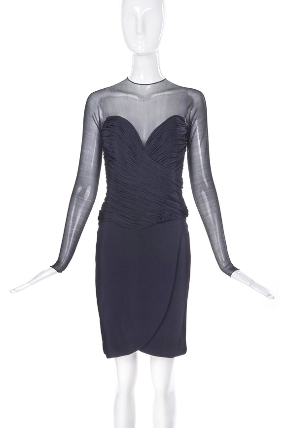 Vicky Tiel Black Ruched Corset Dress with Sheer Long Sleeves