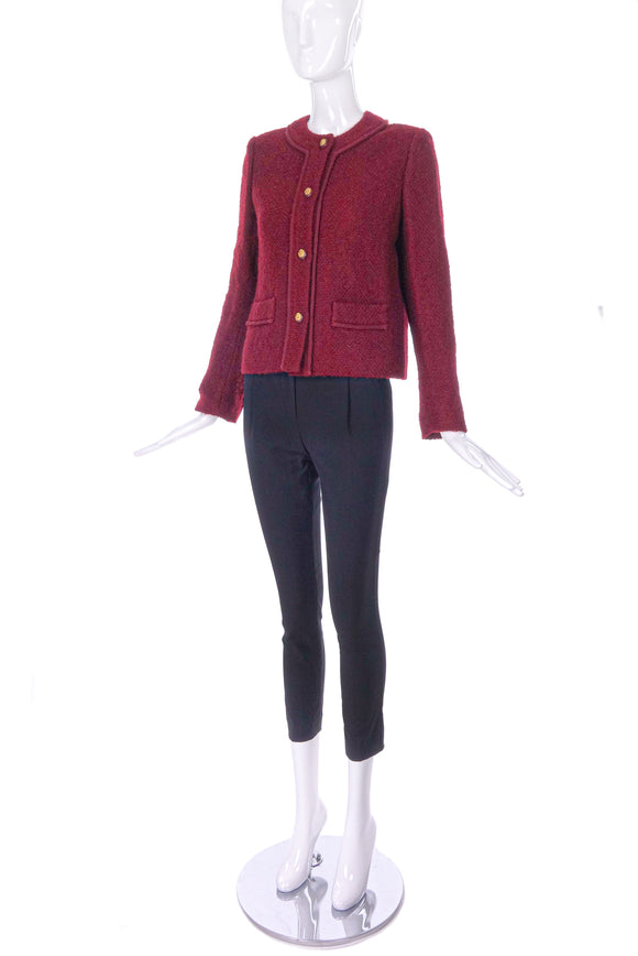 Chanel Burgundy Classic Tweed Jacket with Gold Lion Buttons - BOUTIQUE PURCHASE PRICE