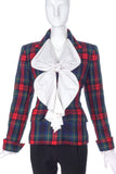Vivienne Westwood White Ruffle Bow Front "Pirate" Blouse with a Saint Laurent Rive Gauche Tartan Fitted Jacket