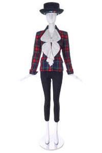 Vivienne Westwood White Ruffle Bow Front "Pirate" Blouse with a Saint Laurent Rive Gauche Tartan Fitted Jacket
