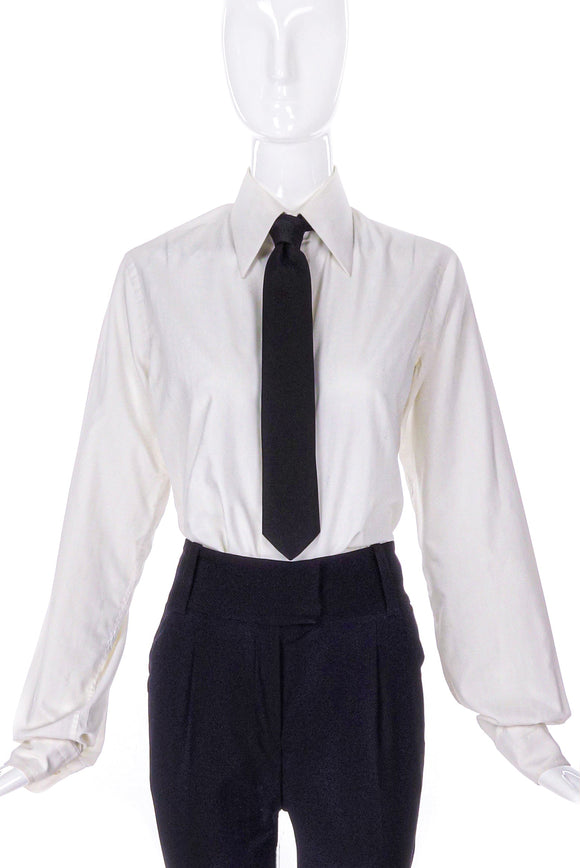 Yves Saint Laurent White YSL Embroidered Logo Button Up Shirt / Textured Black Men's Tie