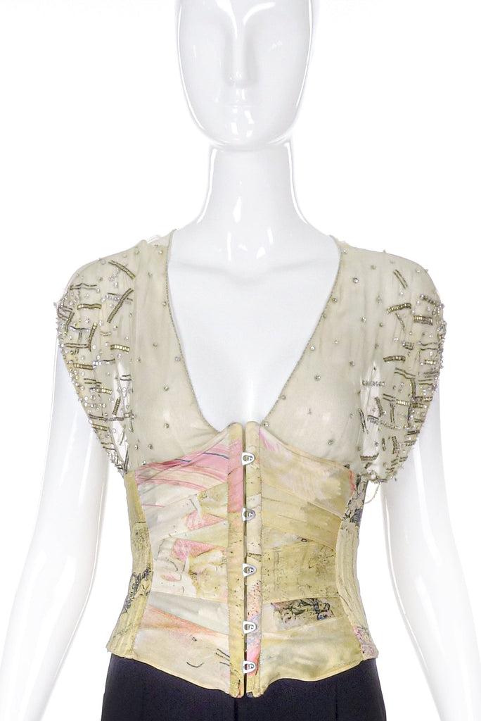 Roberto Cavalli Satin Pastel Print Corset and Tulle Beaded Top SS2003 #
