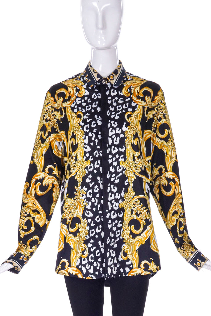 Versace Black & White Graphic Leopard / Zebra and Gold Baroque Print Shirt