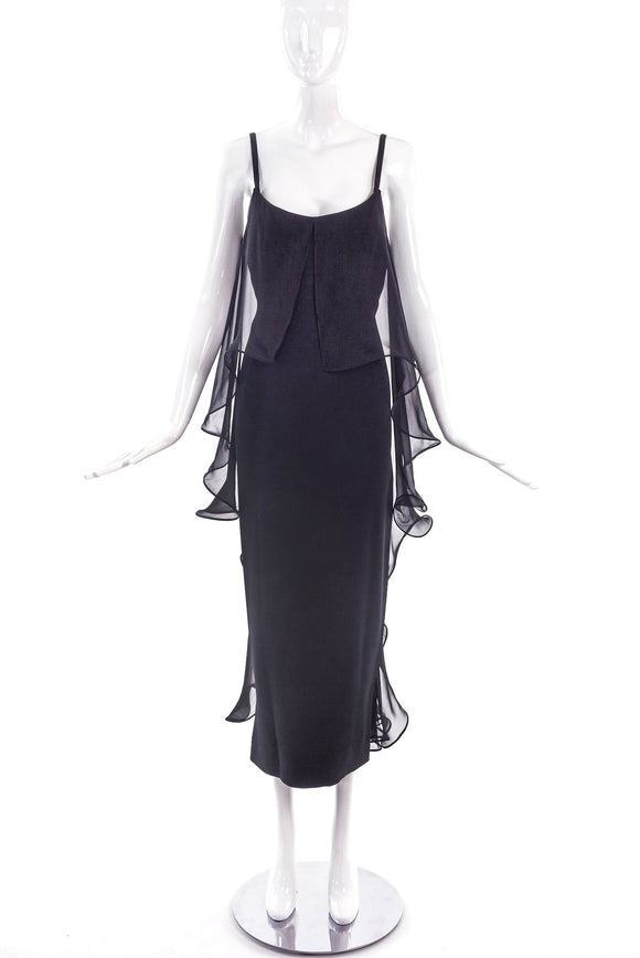 Claude Montana Black Column Gown Dress with Chiffon Cape