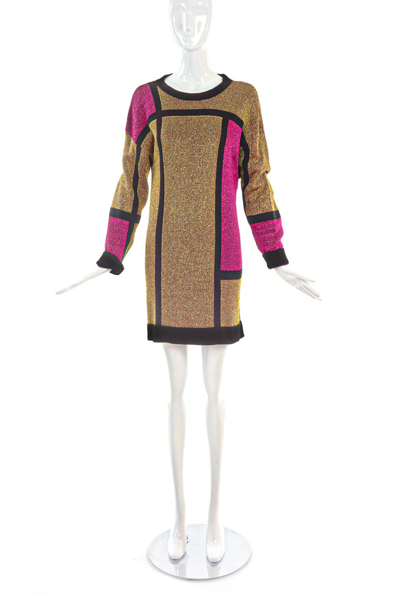 Pierre Cardin Gold and Pink Metallic Lurex Knit Mondrian Dress