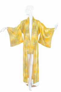 Vintage Yellow Golden Silk Kimono With Flower Print