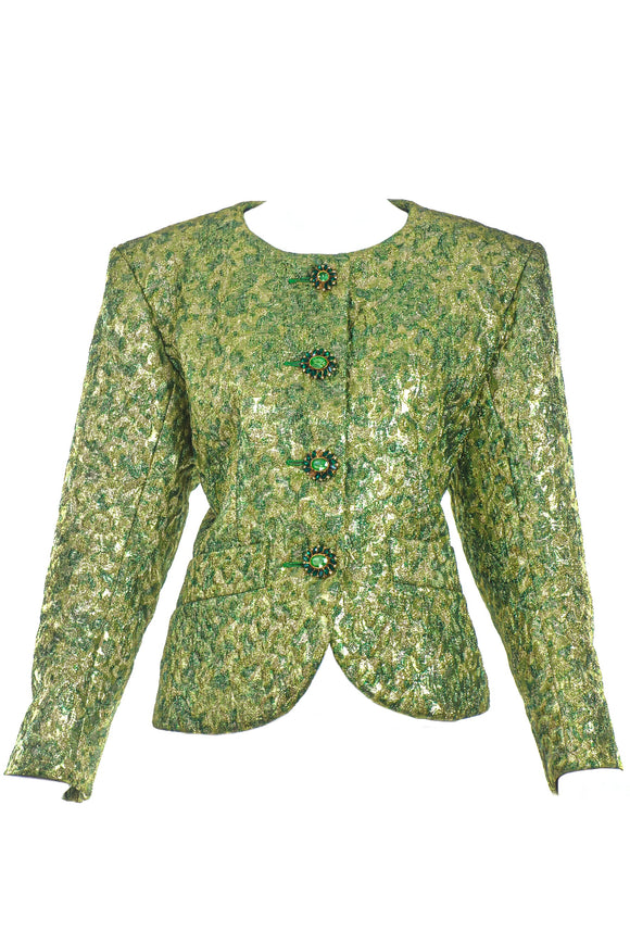 Yves Saint Laurent Green Metallic Textured Power Suit Blazer