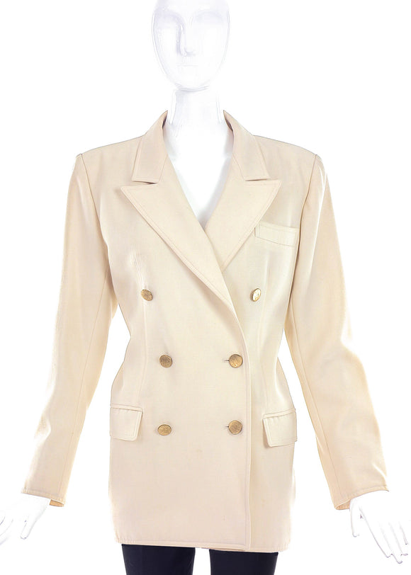 Saint Laurent Rive Gauche Creme Double Breasted Blazer with Gold Buttons