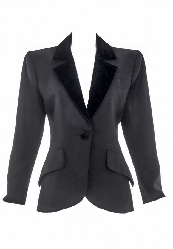 Saint Laurent Rive Gauche Black/Grey Garbadine Smoking Riding Blazer with Velvet Collar