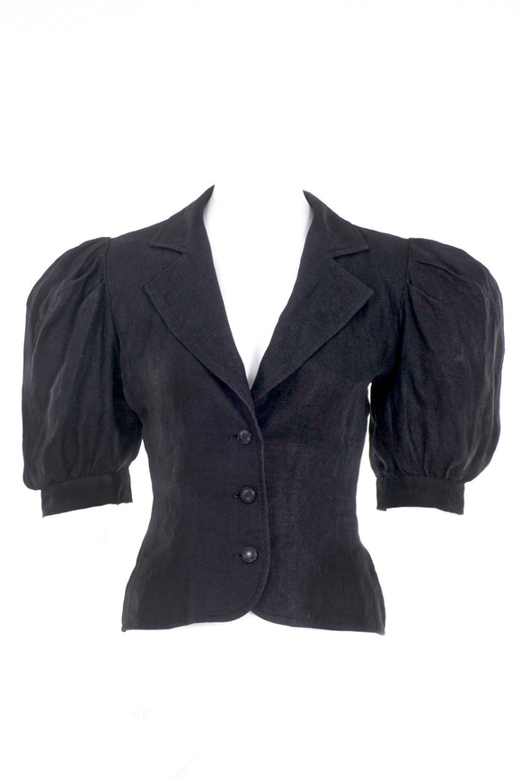 Saint Laurent Black Linen Ballon Short Sleeve Jacket / Blouse
