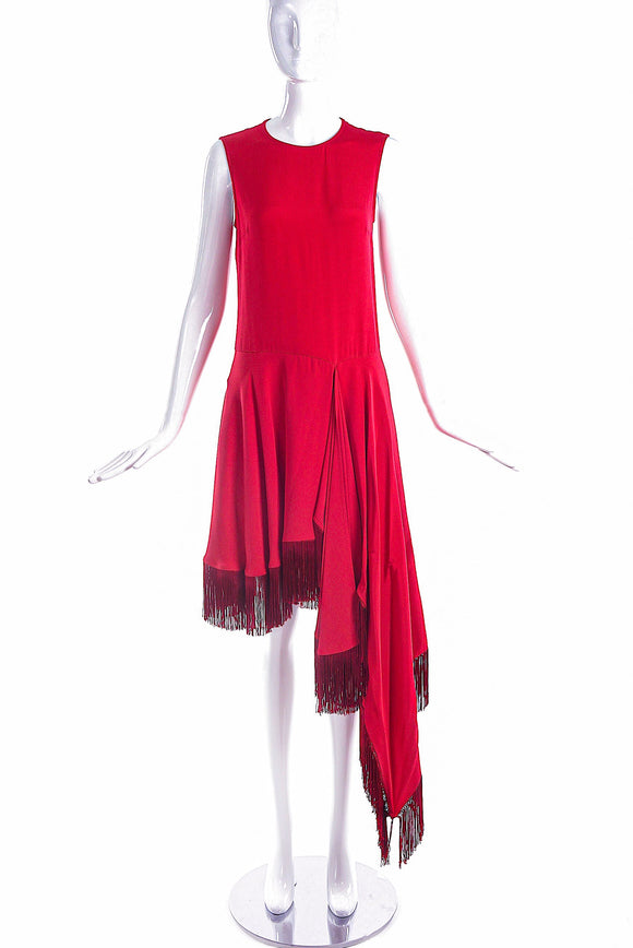 Calvin Klein 205W39NYC by Raf Simons Red Asymmetrical Dress with Fringe Detail - BOUTIQUE PURCHASE PRICE