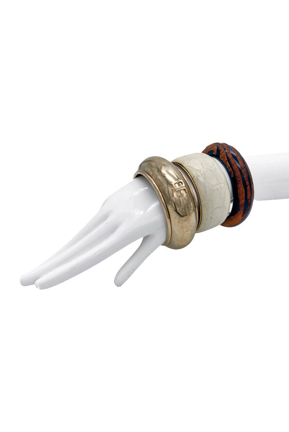 Dolce Gabbana White Crocodile Bracelet and Gold Wide Logo Bracelet