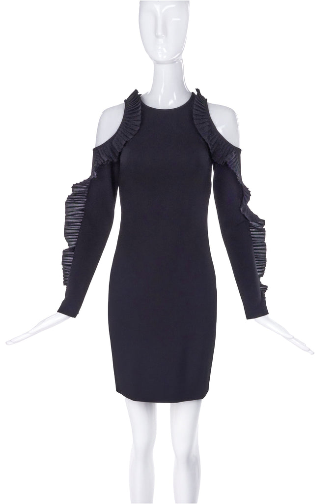 David Koma Black Bodycon Cold-Shoulder Dress with Ruffle Detail SS2017
