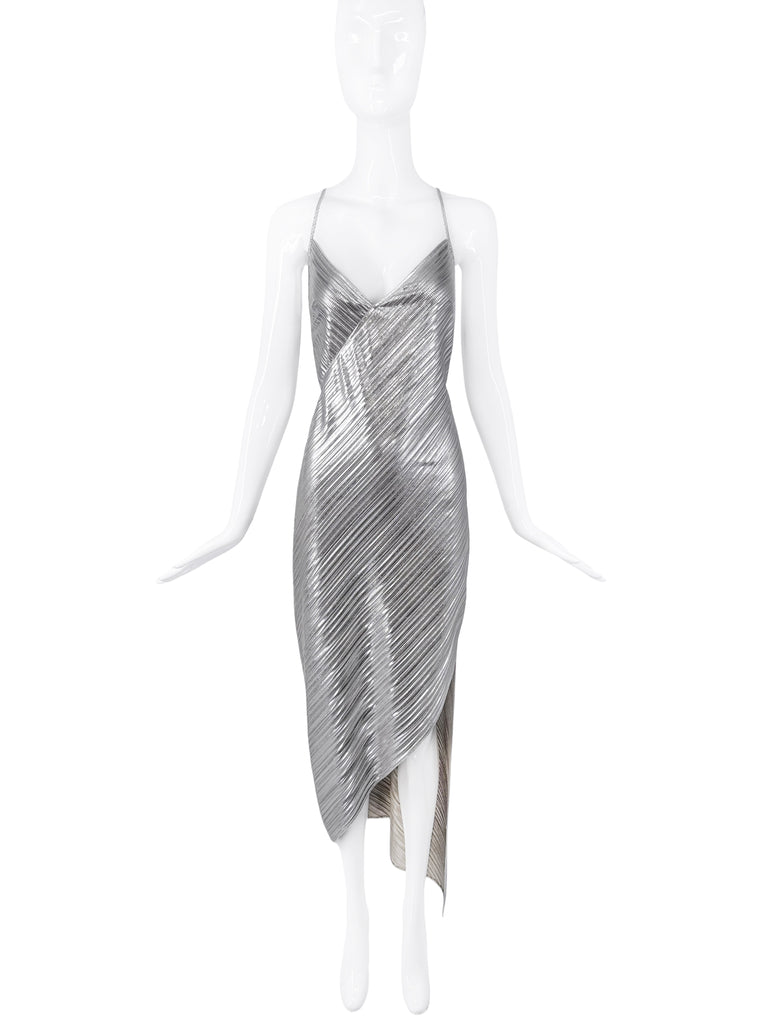 David Koma Silver Metallic Asymmetric Slit Wrap Dress Gown