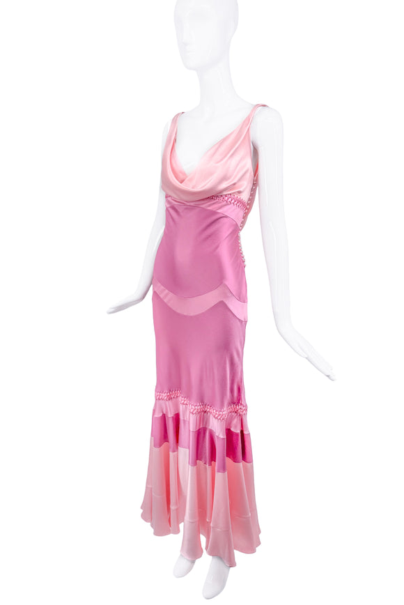 Dior Pink Silk Ribbon Detail Draped Neckline Gown