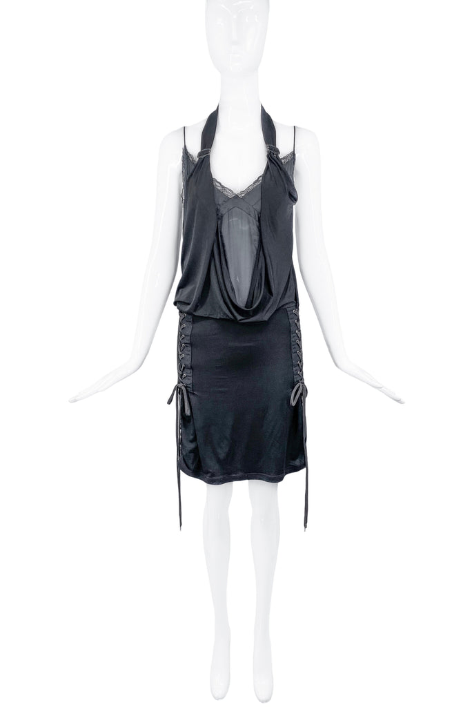 Christian Dior by John Galliano Black Silk Slip Lace Up Corset Halter Dress