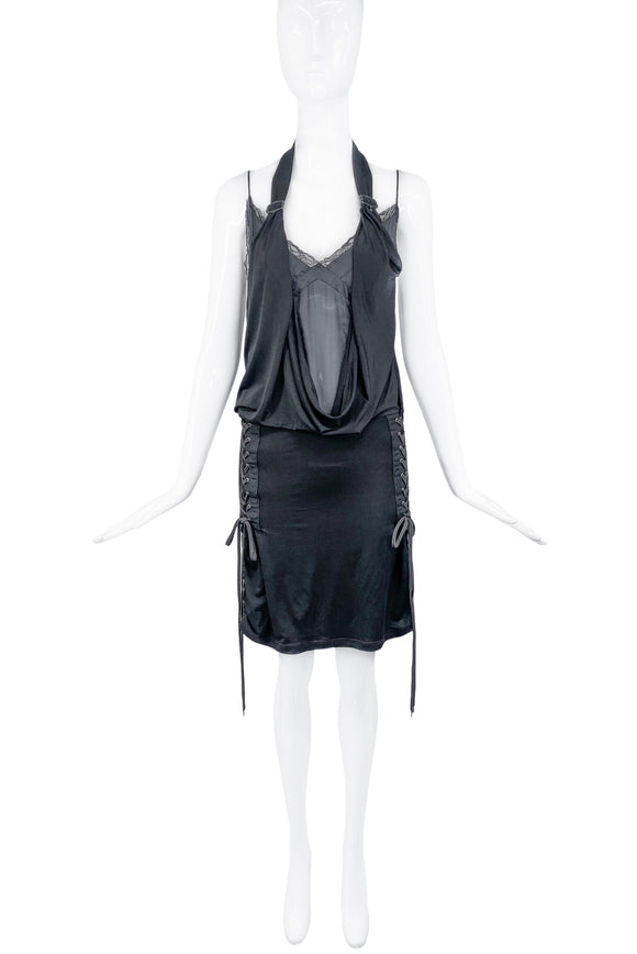 Christian Dior by John Galliano Black Silk Slip Lace Up Corset Halter Dress