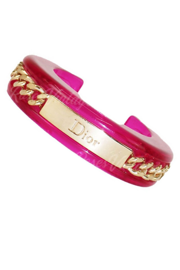Christian Dior by John Galliano Pink Lucite Resin Gold Curb Chain Logo Bracelets Fall 2004