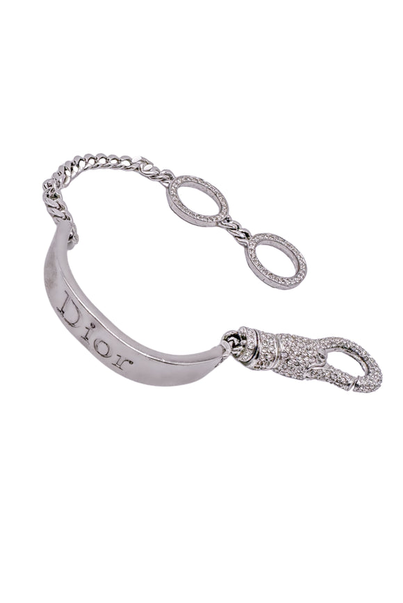 Christian Dior by John Galliano Silver Metal Crystal Pavé Safety Lobster Clasp Chain Logo Bracelet Spring 2003