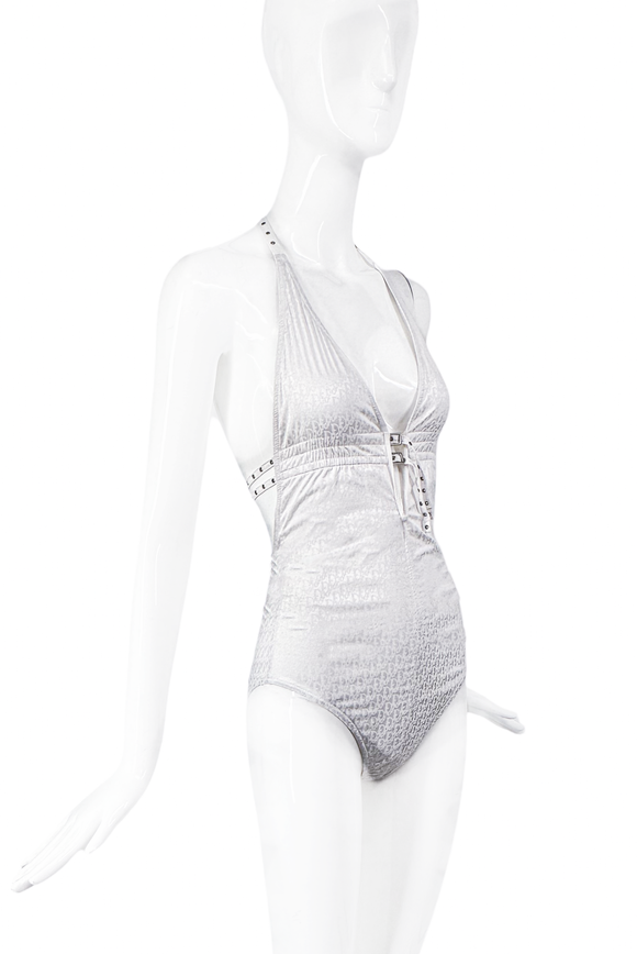 Christian Dior by John Galliano White Dior Logo Print Plunging V Neck Halterneck Bodysuit One Piece Swimsuit