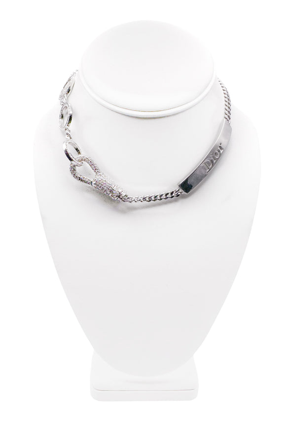 Christian Dior by John Galliano Silver Metal Crystal Pavé Safety Lobster Clasp Chain Logo Choker Necklace Spring 2003