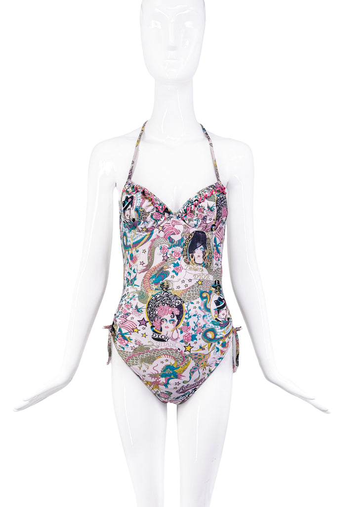 Christian Dior x Galliano Multicolor Tattoo Print Body Suit SS2004