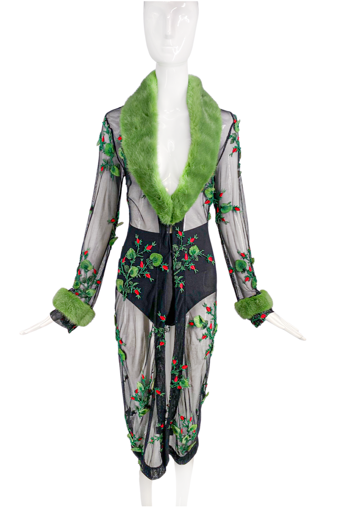 Dolce Gabbana Black Embroidered Green Fur Poison Ivy Cocktail Coat Spring 1998 'Stromboli' Collection