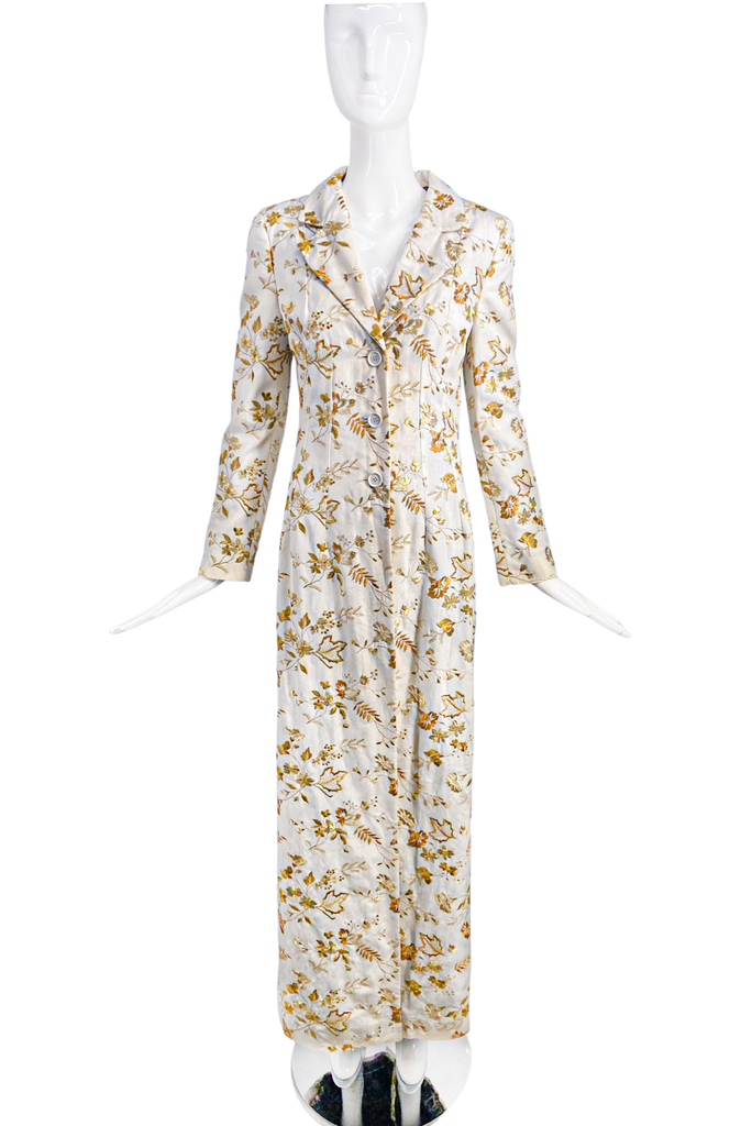 Dolce Gabbana White Long Coat with Gold Lame Floral Embroidery Fall 1997 'Fellini / Roma - The Vatican' Collection