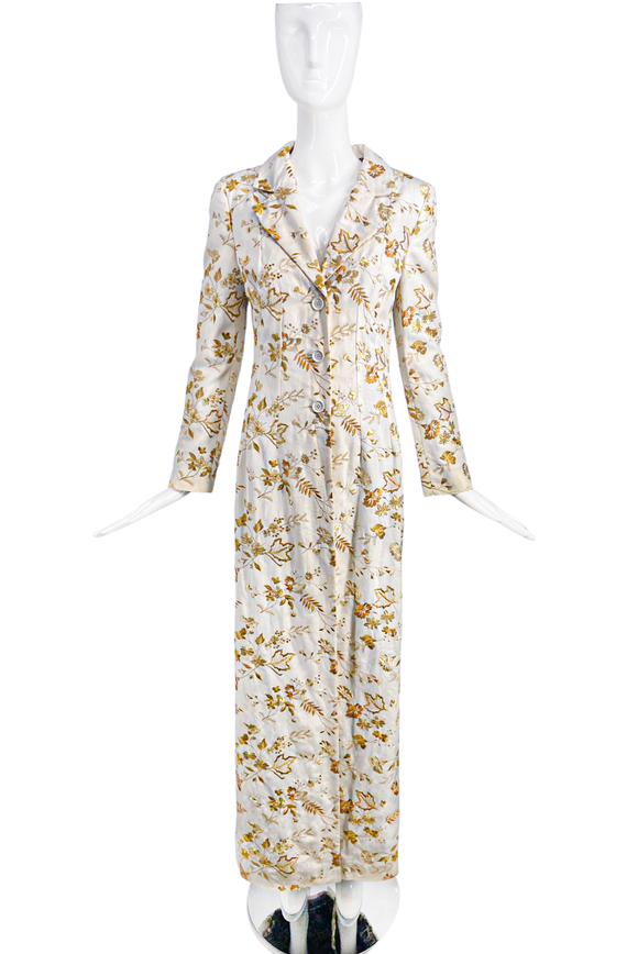 Dolce Gabbana White Long Coat with Gold Lame Floral Embroidery Fall 1997 'Fellini / Roma - The Vatican' Collection