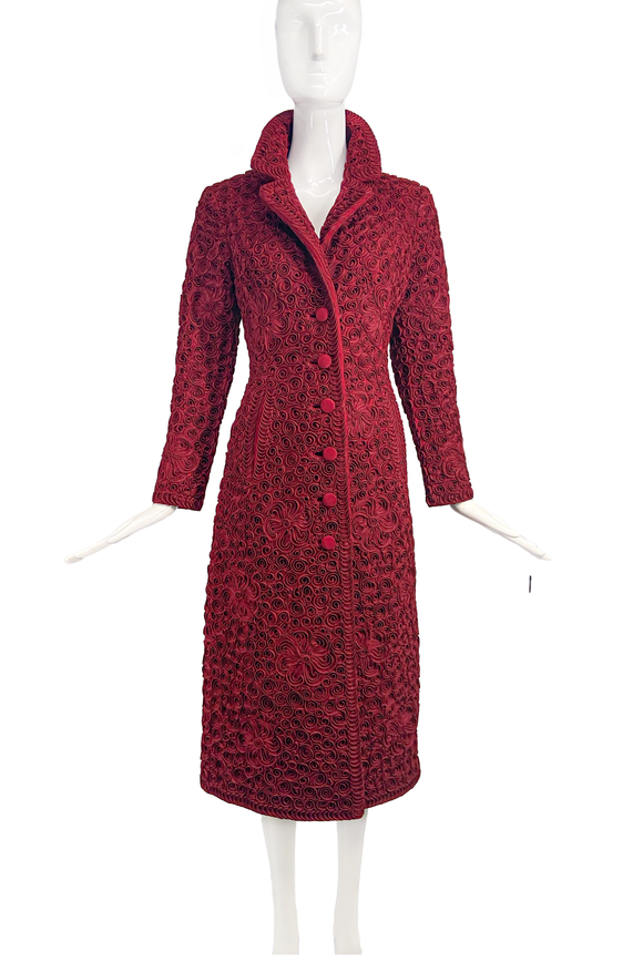 Dolce & Gabbana Red Textured Rosette Coat 1990's Isabella Rossellini