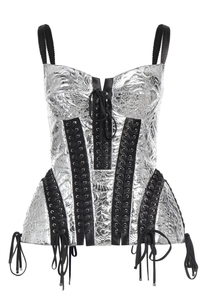Dolce Gabbana Silver Reflective Lace Up Corset Top Runway Fall 2021