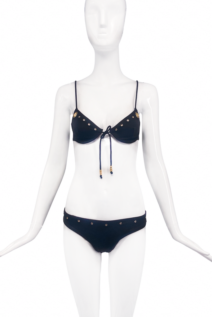 Dolce & Gabbana Black Neoprene Bikini Swim Suit with Gold Grommet Cut-Out Details